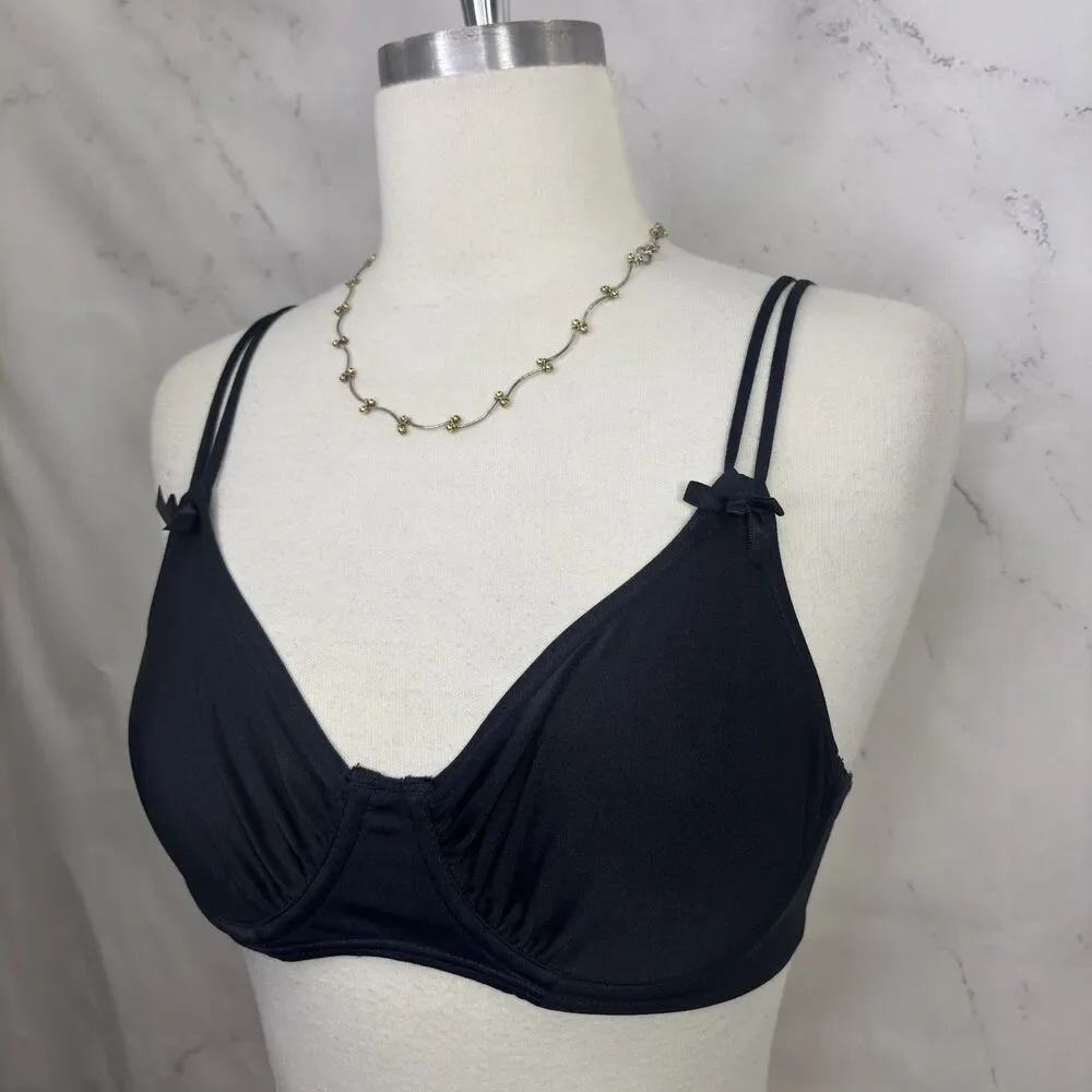 Vintage 90s  Lily of France Lace Plunge Bra 36B Black Lingerie Underwire Unlined